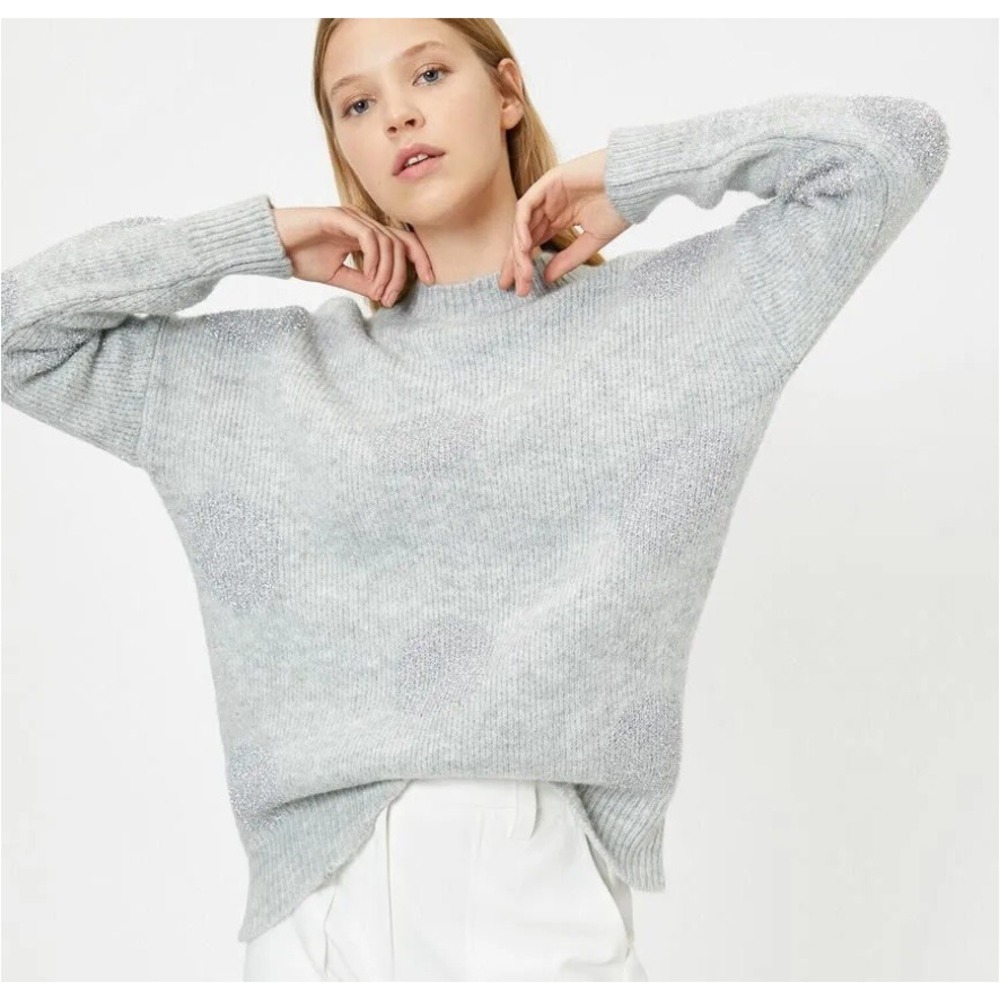 NWT KOTON Womens Metallic Gray Knit‎ Sweater Crew Neck Long Sleeve XL Y2K Chic